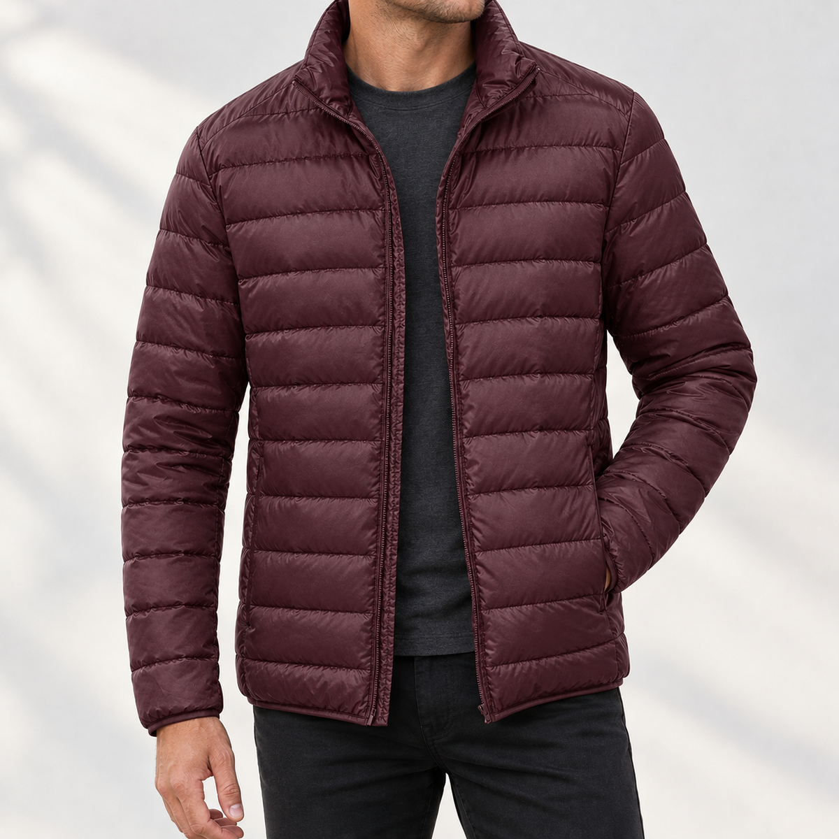 Cawsand Down Jacket - Wine Red Stand Collar