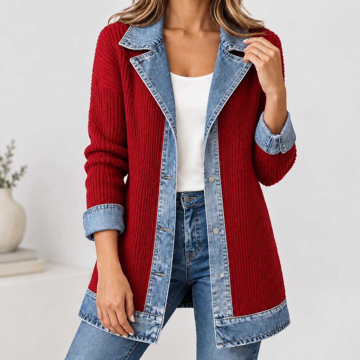 Anouska Denim-Trim Jacket - Red