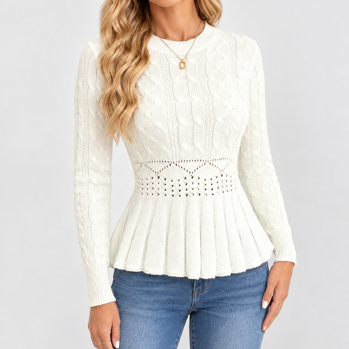 Wensleydale Cable Peplum Sweater - White