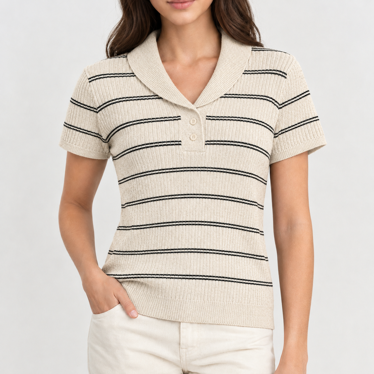 Noverton Ribbed Polo Top - Natural Hemp