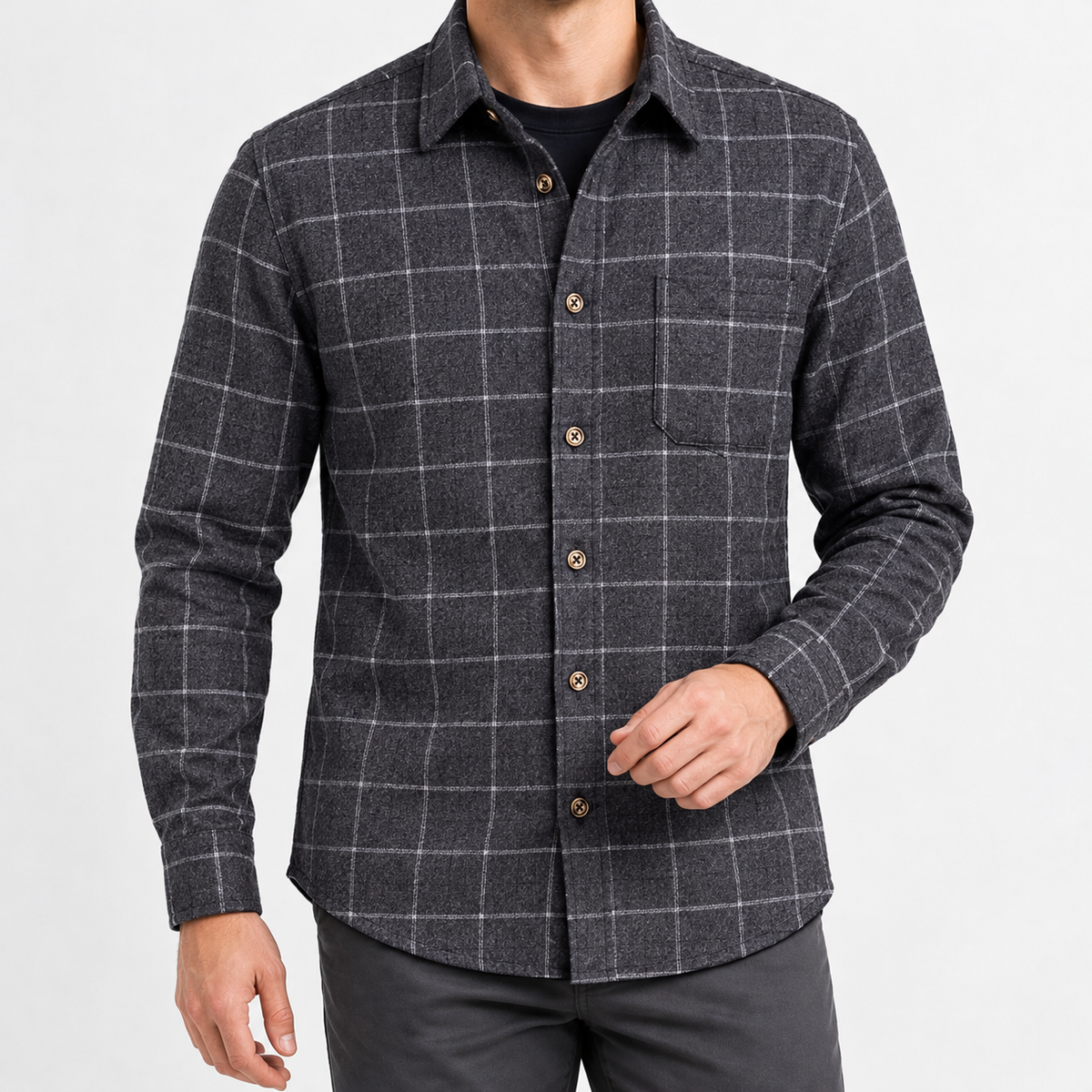 Duns Fleece Lined Shirt - Charcoal Gray Windowpane