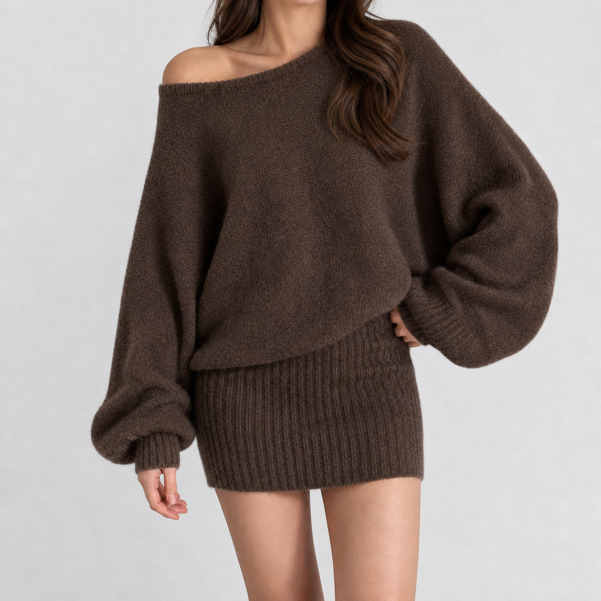 Paula Off-Shoulder Knit Set - Brown