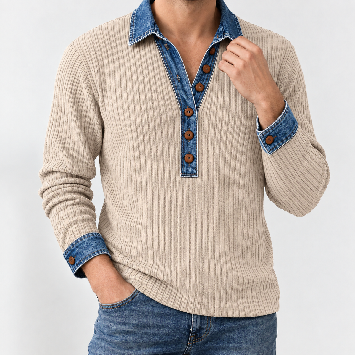 Marco Denim Collar Top - Beige