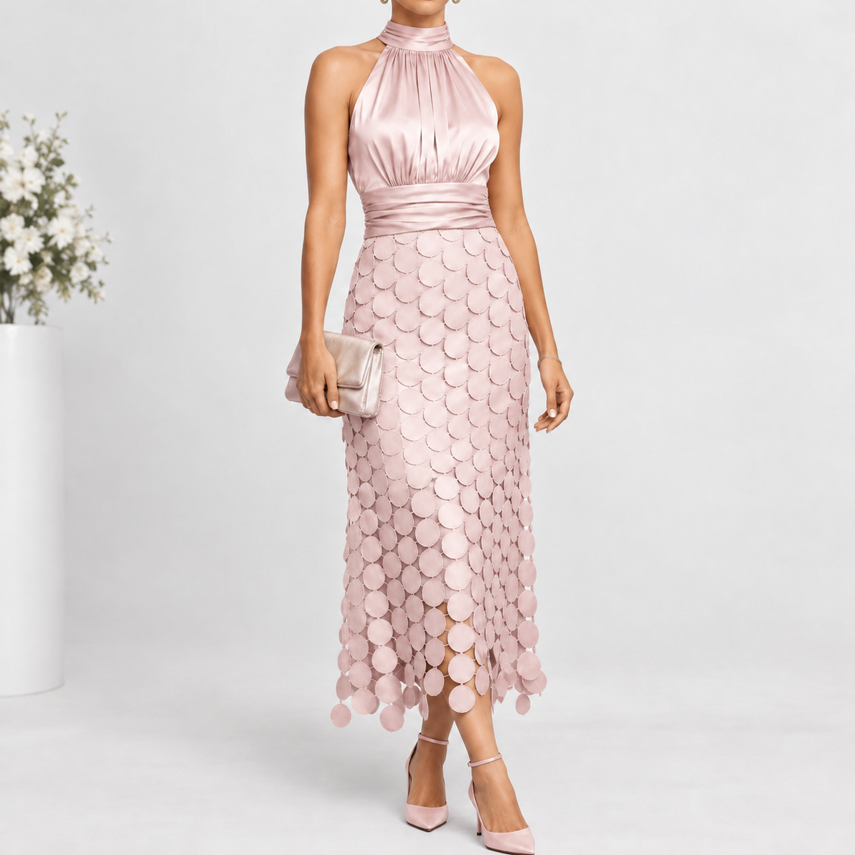Yearby Halter Midi Dress - Pink