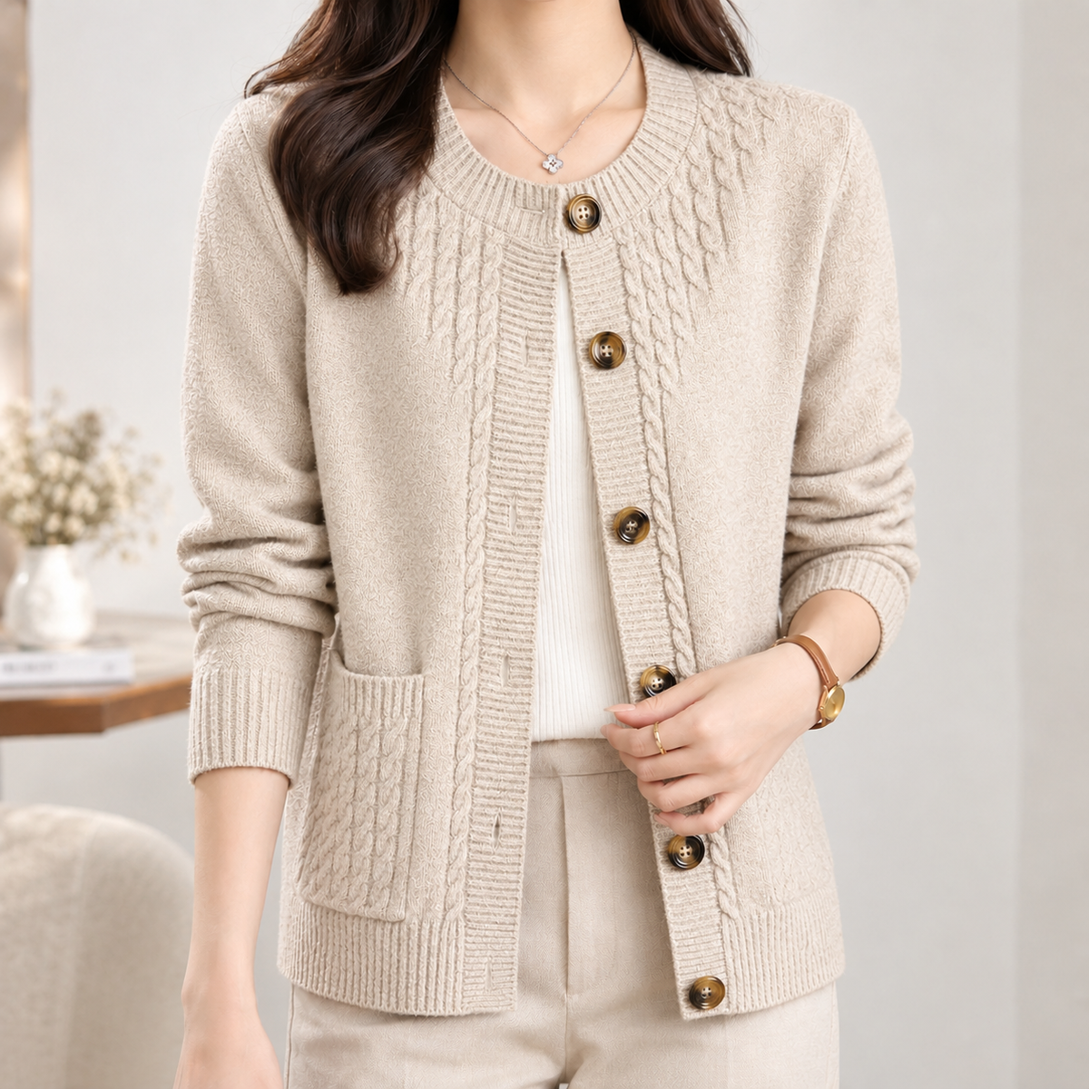 Borrowdale Cable Knit Cardigan - Beige