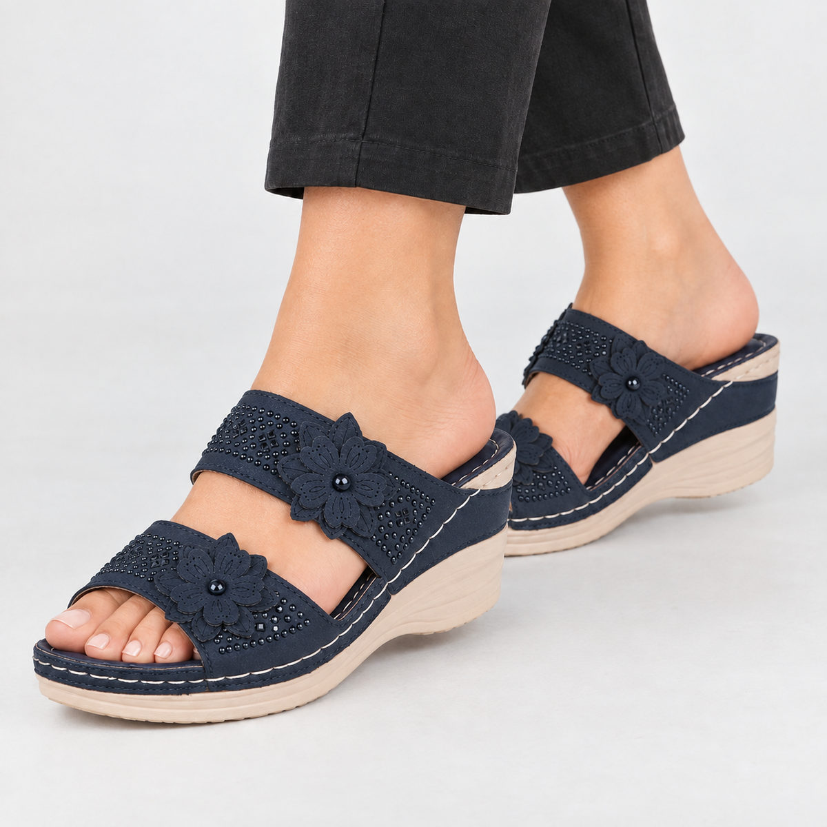 Rizzi Floral Wedge Sandals - Navy Blue
