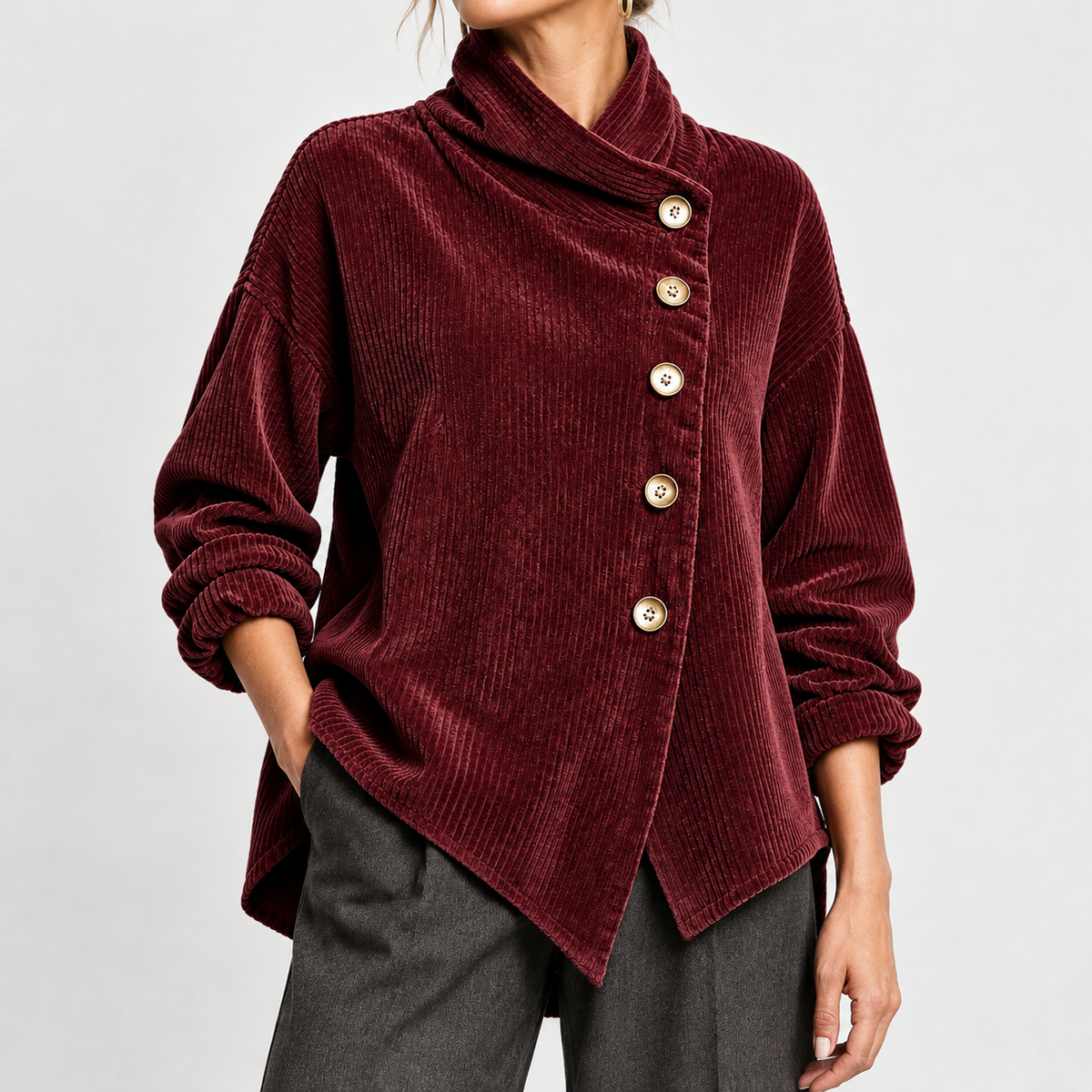 Haystacks Asymmetric Corduroy Top - Wine Red