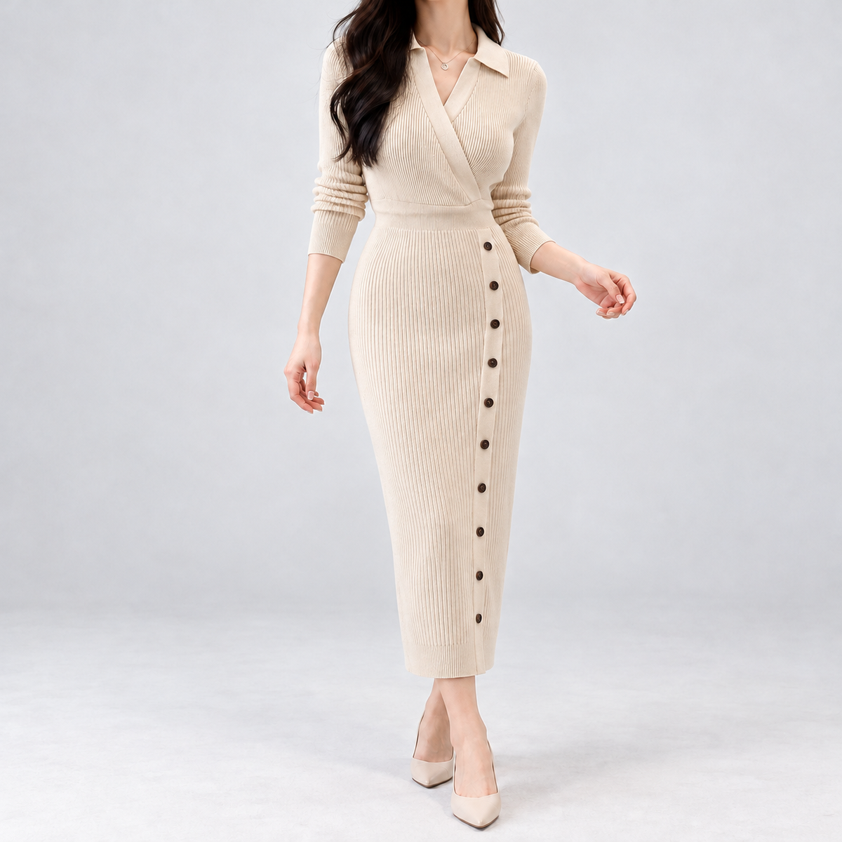 Widecombe Wrap Midi Dress - Beige White