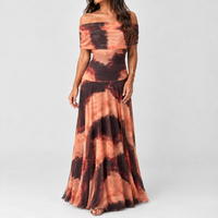 Deepdale Off Shoulder Dress - Peach Brown Print
