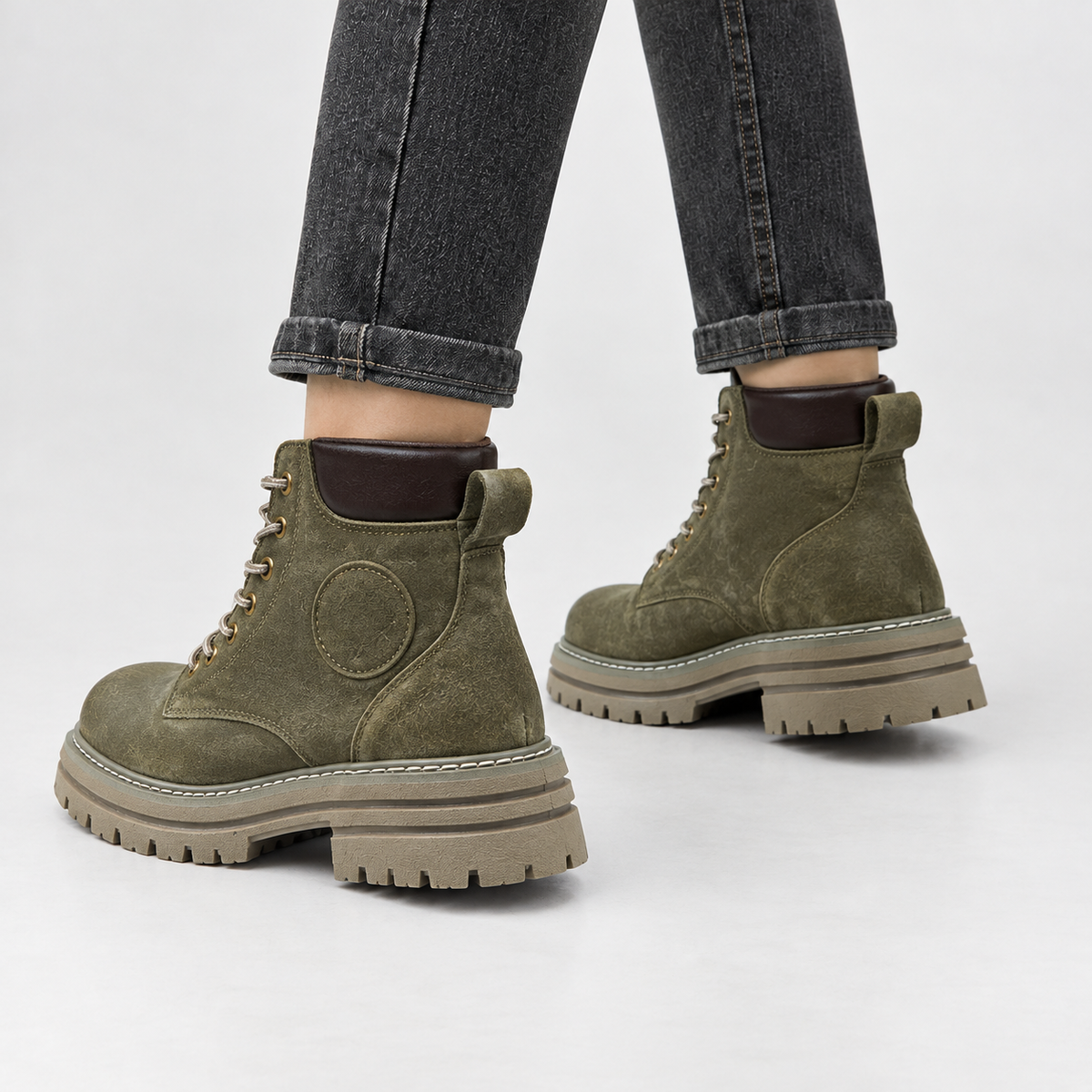 Cofton Lug Sole Ankle Boots - Dark Green Flat Bottom Single Li