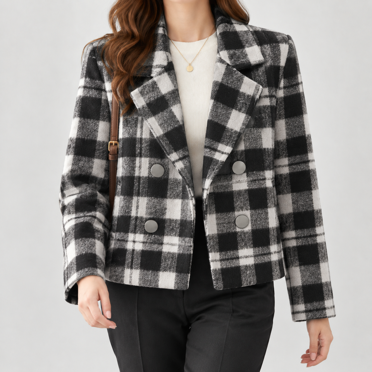 Amelie Double Breasted Jacket - Black White Grid