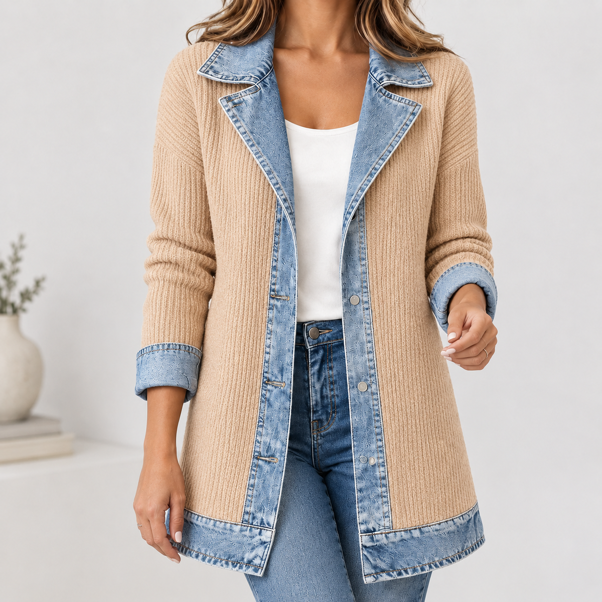 Anouska Denim-Trim Jacket - Apricot