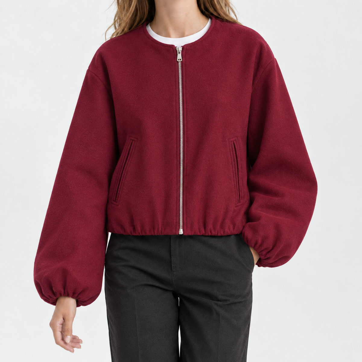 Lara Collarless Jacket - Wine Red