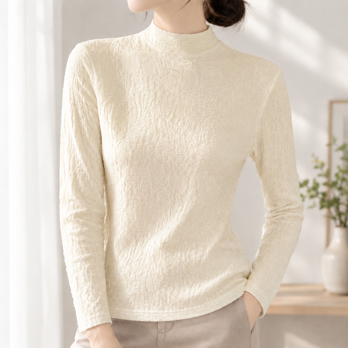 Valentina Textured Mock Neck Top - Apricot