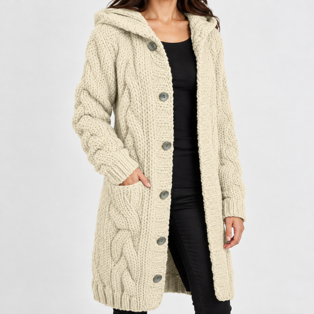 Yondercott Hooded Cable Cardigan - Cream