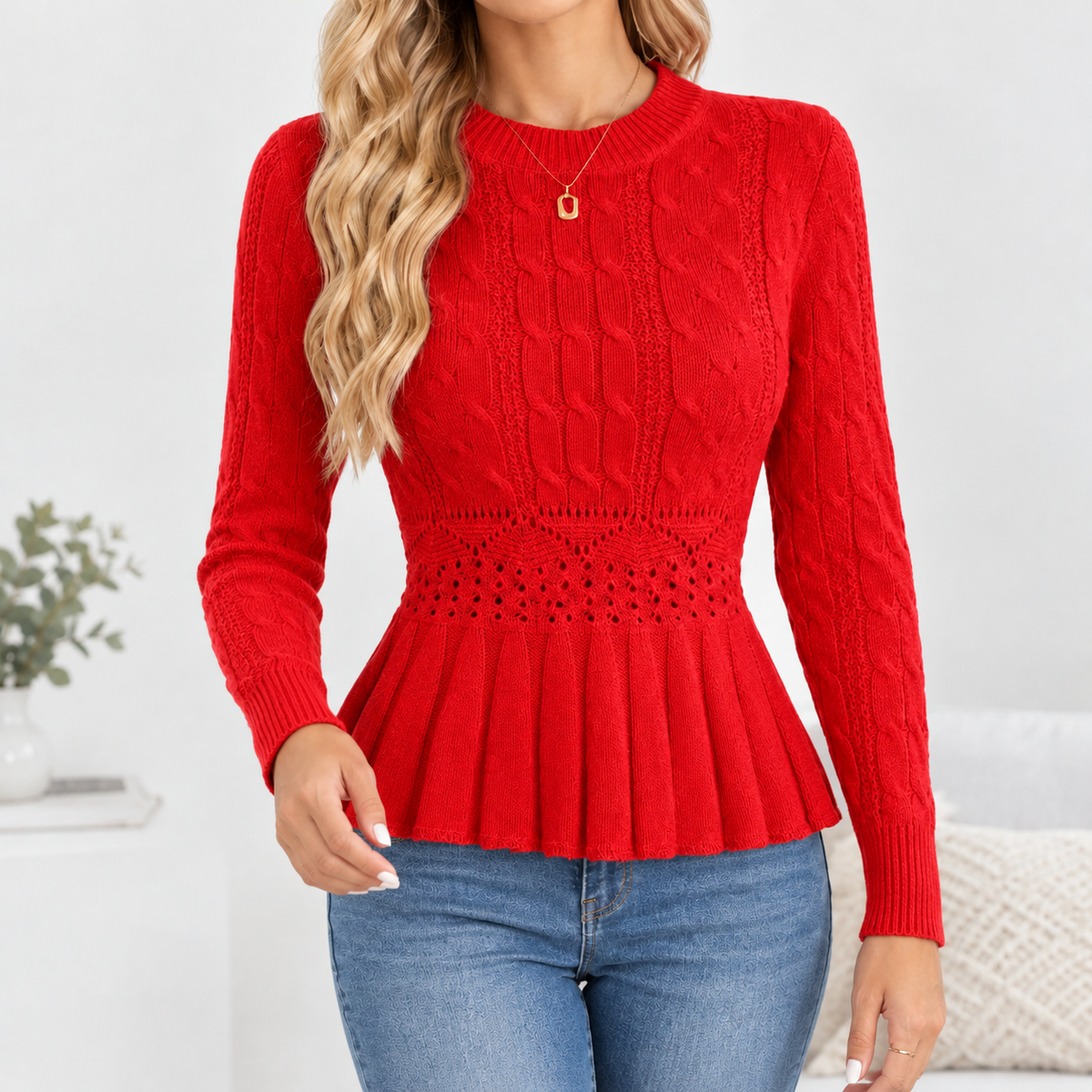 Wensleydale Cable Peplum Sweater - Red