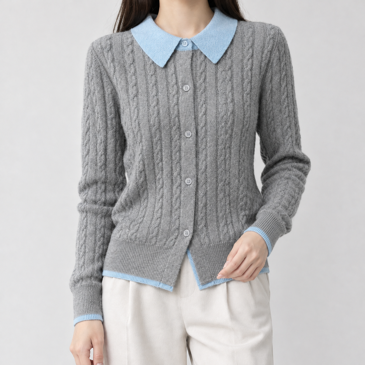 Bourton Cable Knit Cardigan - Gray Blue Collar