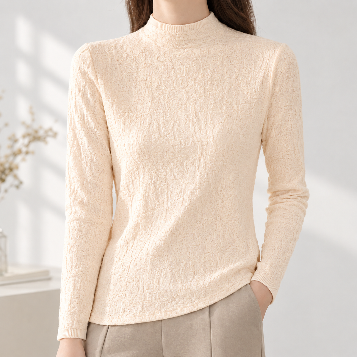 Valentina Textured Mock Neck Top - Apricot