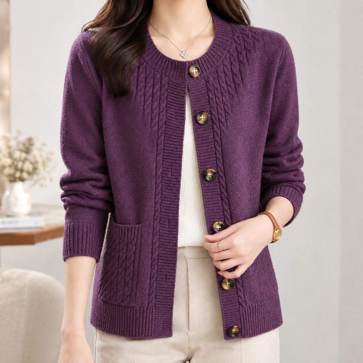 Borrowdale Cable Knit Cardigan - Purple