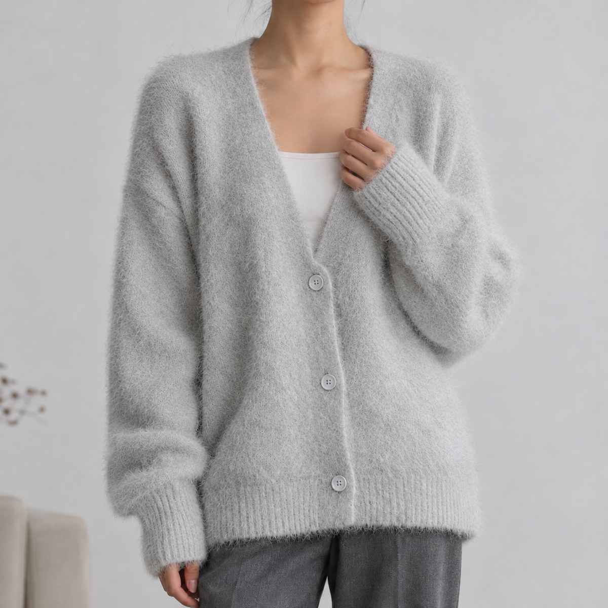 Beelsby Fuzzy Cardigan - Light Gray