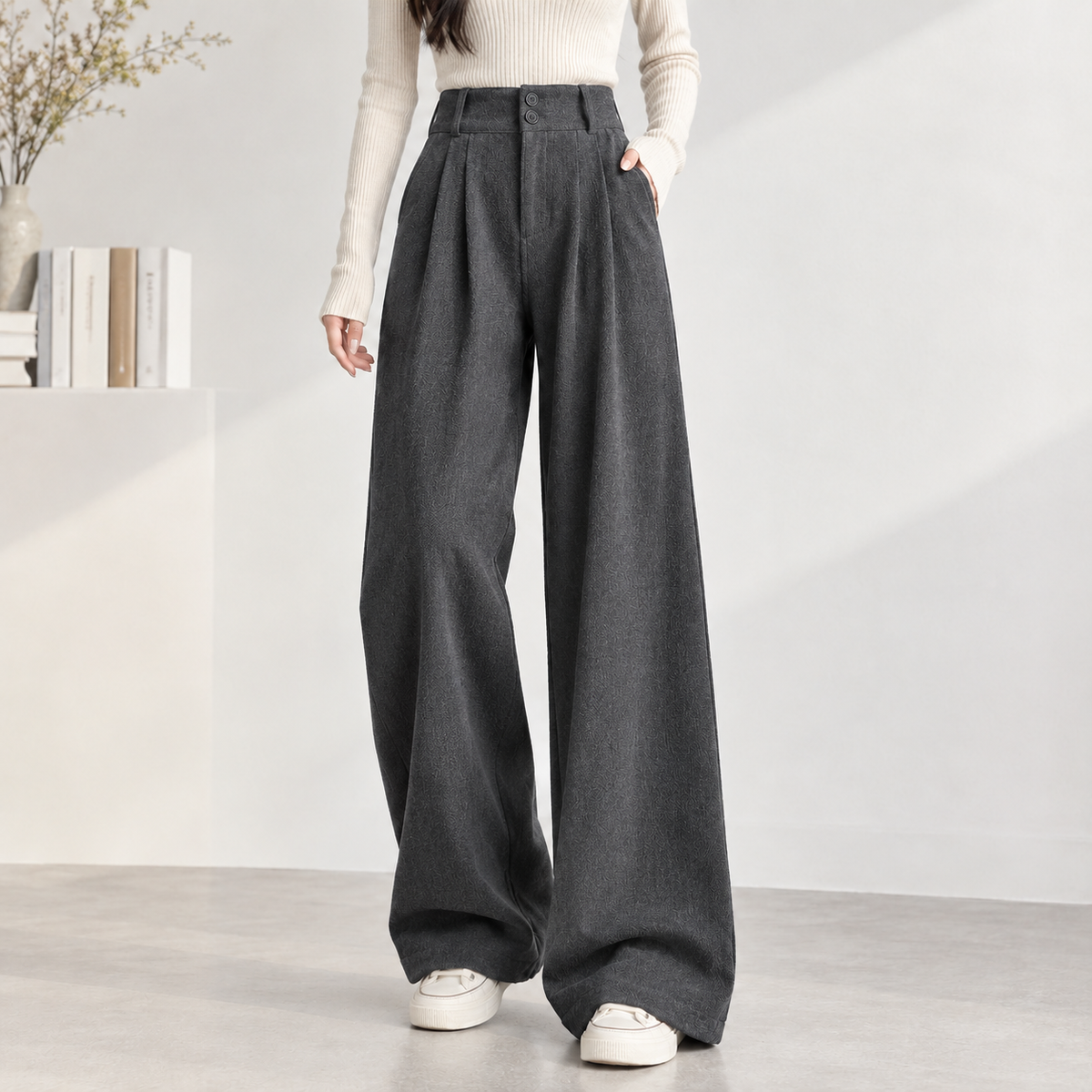 Fearby Pleated Wide Leg Pants - Dark Gray -european