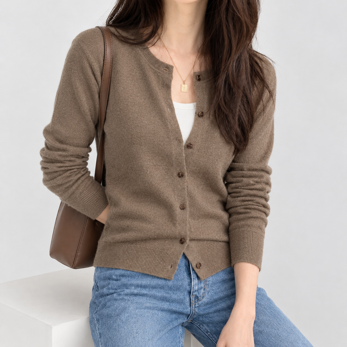 Bowston Crew Neck Cardigan - Taupe Brown