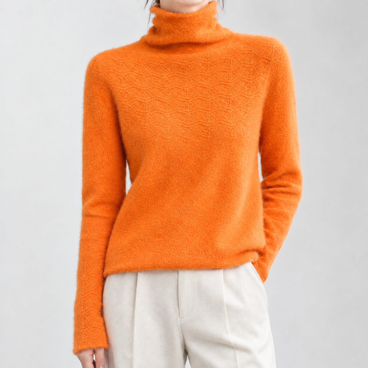 Woolcombe Pointelle Turtleneck Sweater - Orange