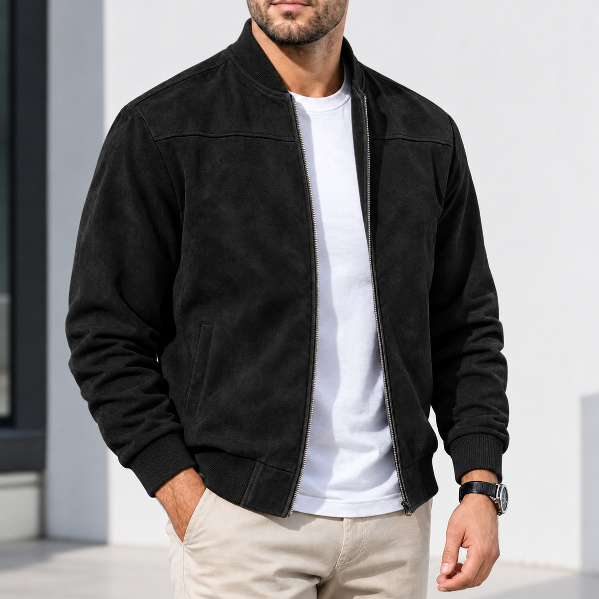 Risbury Suede Bomber Jacket - Black